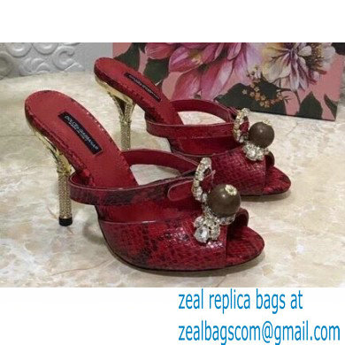 Dolce & Gabbana Crystal Heel 10.5cm Python Mules Red 2021